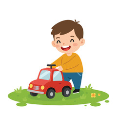 A cheerful smiling child happily plays with a vibrant red toy car on a bright green patch of grass in a clean 2D flat vector illustration, set against a pristine white background.