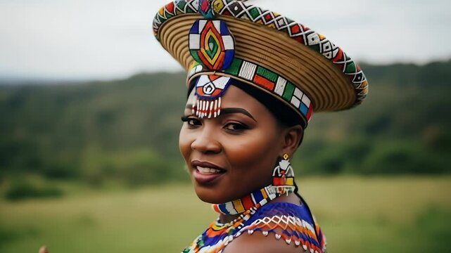 Zulu woman smiles in traditional attire. Cultural pride, heritage celebration, South Africa tourism, community events, vibrant fashion, historical documentary usages.