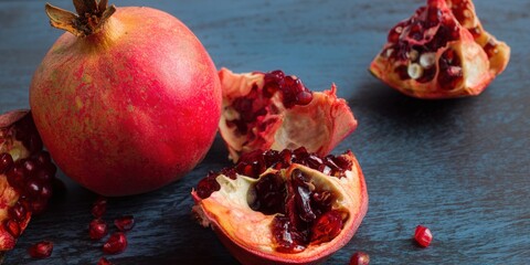 A close-up shot of pomegranates, showcasing their juicy red seeds and vibrant color.
