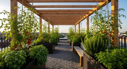 Fototapeta premium A rooftop garden flourishing with a variety of herbs and vegetables basks under the warm glow of sunlight, offering a serene urban escape.