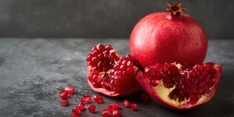The photo depicts a whole pomegranate and two sections revealing the delicious red seeds.