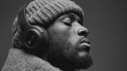 a black and white portrait of a men with closed eyes wearing a knitted hat and headphones