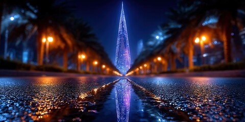 A futuristic cityscape with a towering skyscraper and its reflection on a wet street at night.