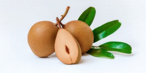 Sapodilla fruit display on a white background, showcasing freshness and natural beauty.