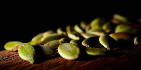 Vibrant green pumpkin seeds on a wooden surface with a dark, contrasting background.