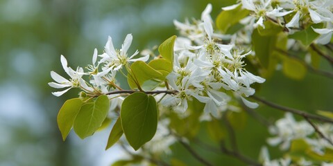 Serviceberry branch in full bloom, showcasing fresh white flowers.