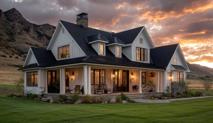 A charming white farmhouse with dark roof, lit windows, and porch in the sunset