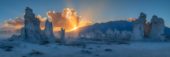 White tufa towers emerge from mist under a dramatic sunrise sky with sunbeams radiating through clouds