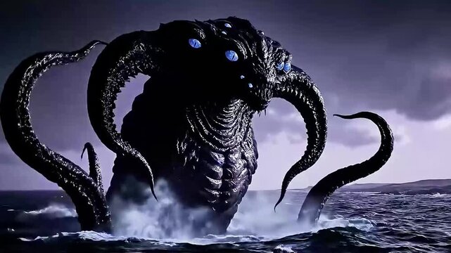 Dark Fantasy Monster with Glowing Eyes,Mythical Creature with Tentacles in the Mist,Horror Beast Emerging from the Shadows