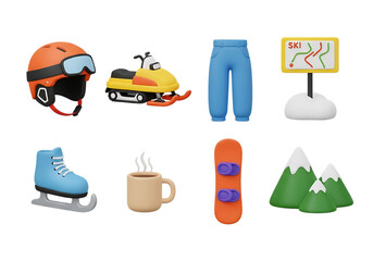 3d icon of set of 3d winter sport icons featuring ski gear, snowmobile, and ice skating, isolated on transparent background