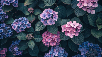 Closeup of vibrant blue, pink, and purple hydrangeas in full bloom