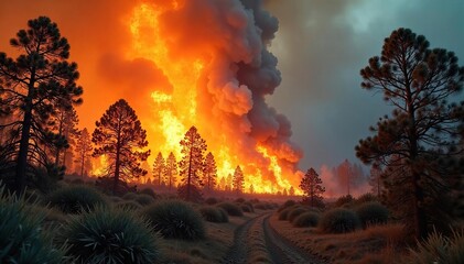 Fototapeta premium Fierce wildfire raging through a dry forest, consuming trees and shrubs, billowing smoke into the sky A scene of intense destruction and ecological devastation , ash, environment, destruction