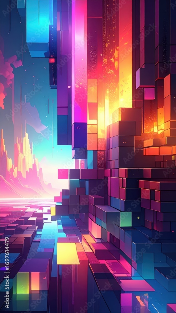 Poster abstract colorful block structure with vibrant light reflections