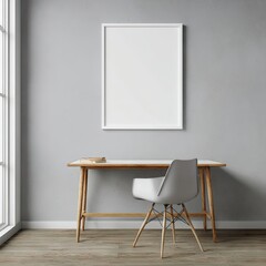 Empty frame on a light-grey wall above a light-wood desk