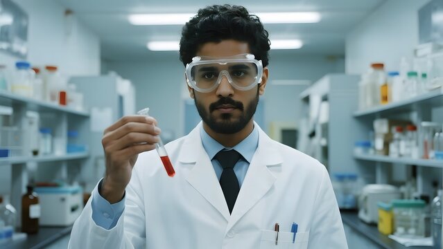 Scientist in a laboratory examining a test tube with a red liquid sample. - Powered by Adobe