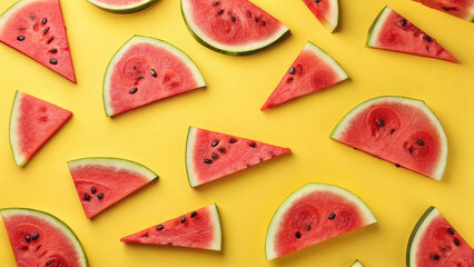 Fresh watermelon slices arranged on a vibrant yellow background