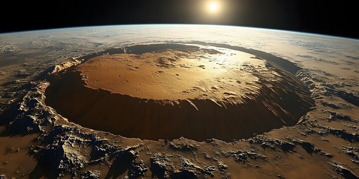 Vast crater landscape on a planetary body illuminated by sunlight near the horizon