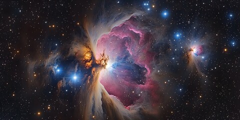 Vibrant Orion Nebula displaying luminous gas clouds and countless stars against deep space