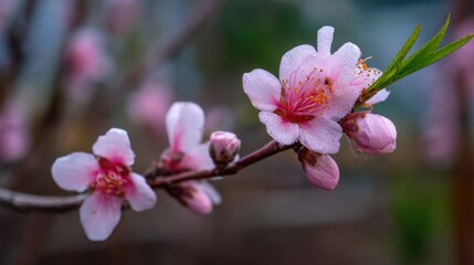 Obraz premium Delicate Pink Peach Blossoms Glistening with Dew