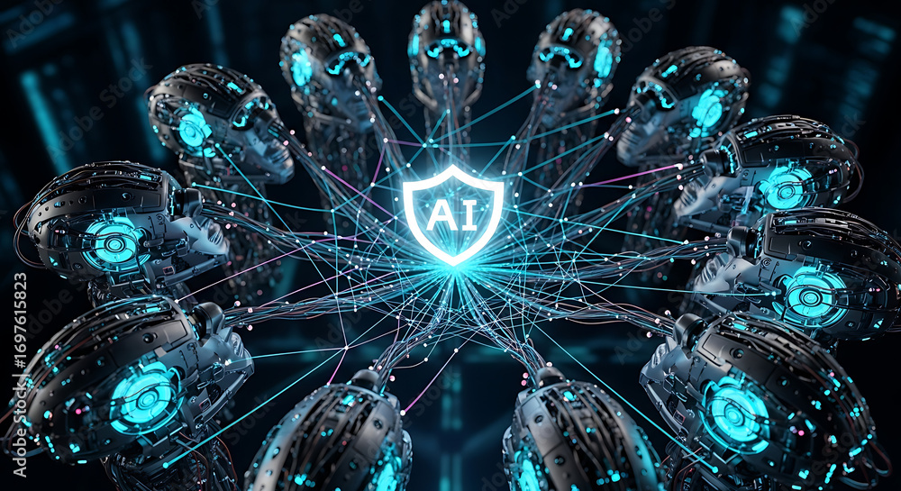 Fototapete artificial intelligence robots connected in network with central shield representing cyber defense a