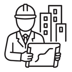 Line art vector icon of an urban planner holding blueprint with city buildings with white background.