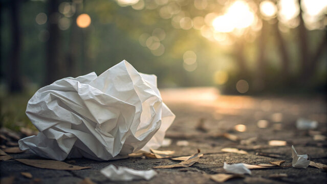 Crumpled paper ball littering a park path during golden hour sunlight