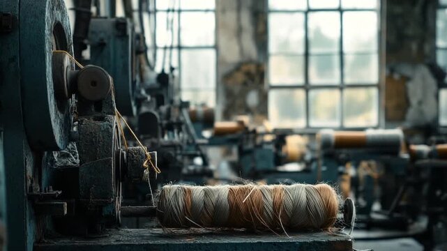 Abandoned textile factory with spools of yarn