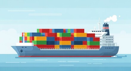 Flat vector illustration of a large freight ship loaded with colorful containers, international shipping concept, stock illustration style.