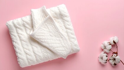 Obraz premium Cozy Comfort: Soft White Baby Blanket with Cotton Flowers on Rosy Backdrop