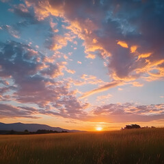 Sunset illuminates massive anvil-shaped cloud over rolling green hills and prairie