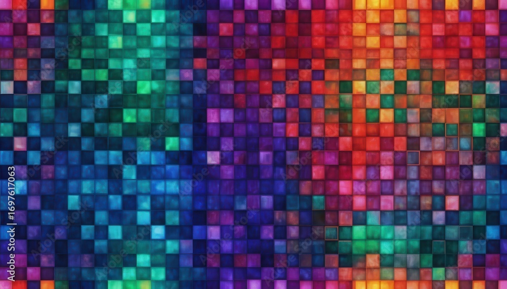 Poster vibrant pixelated abstract background featu a colorful mosaic of small glowing squares in various sh