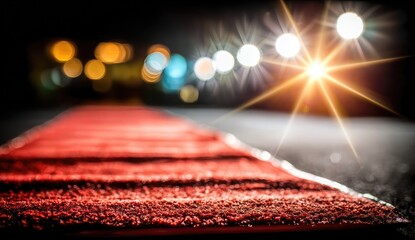 Close-up of red carpet with out-of-focus city lights and spotlights
