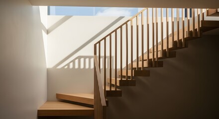 The captivating interplay of light and shadow on a modern wooden staircase creates a visually striking architectural moment. 