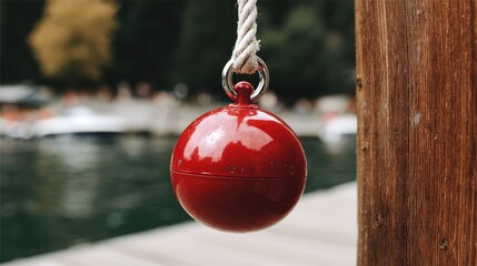Close-up of a red spherical object hanging from a white rope