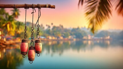 Wooden pole with rusty chains & red floats, tranquil sunset view