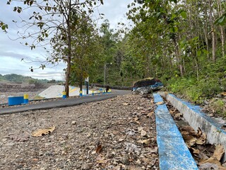 Roadside with blue painted barrier surrounded by tropical forest trees and natural landscape.