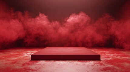 Red Platform in Smoke-Filled Room