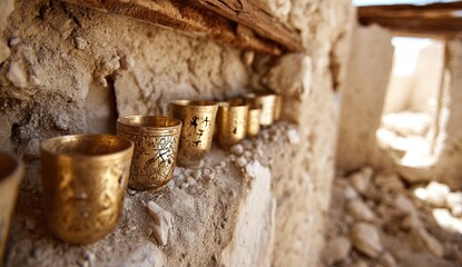 Gold-toned small cups line a weathered stone wall