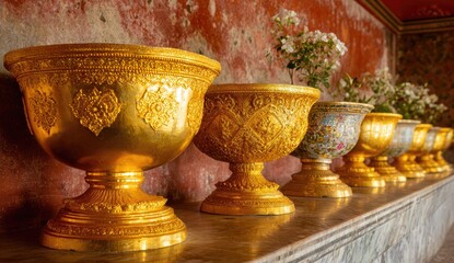 Gold-embellished, ornate bowls, likely decorative planters, arranged in a row on a marble ledge, against a reddish wall