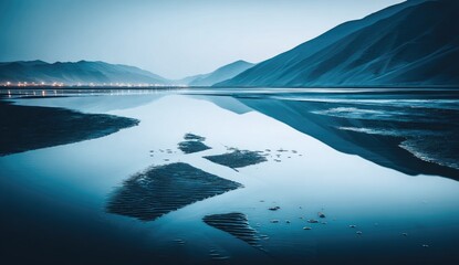 Calm lake reflecting mountains at dawn