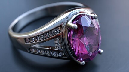 Close-up of a  sparkling pink gemstone ring, set in polished metal
