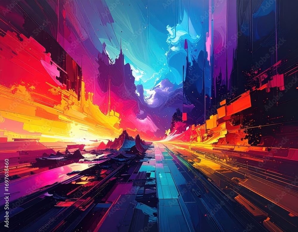 Poster vibrant abstract landscape with bold colors and dynamic patterns