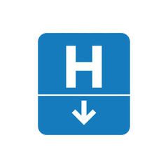 Obraz premium Blue square sign with a white letter H and a downward arrow, indicating a hospital.