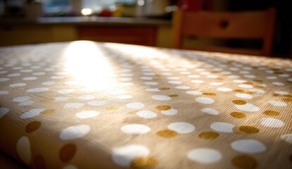 Close-up of a beige tablecloth with white and gold polka dots, sunlight beams across it