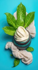 Creamy dairy product in a ceramic bowl, surrounded by leaves and fabric
