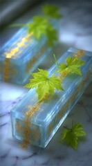 Two light-blue, rectangular, translucent blocks, decorated with gold leaf and fresh leaves