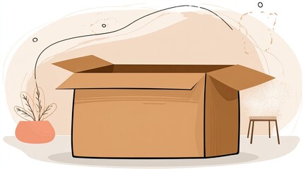 Open cardboard box, light beige background, abstract shapes, potted plant, small chair