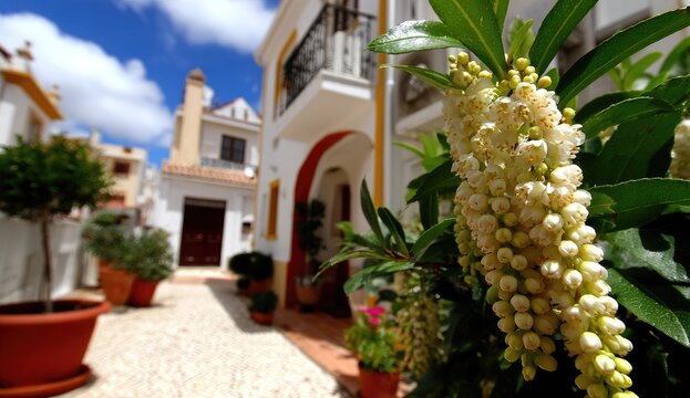 Sunny courtyard with white buildings and flowering shrub
