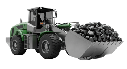 A sleek deep forest green autonomous wheel loader with brushed steel, coal in bucket, reflecting on a bright white studio background, concept of future industrial efficiency