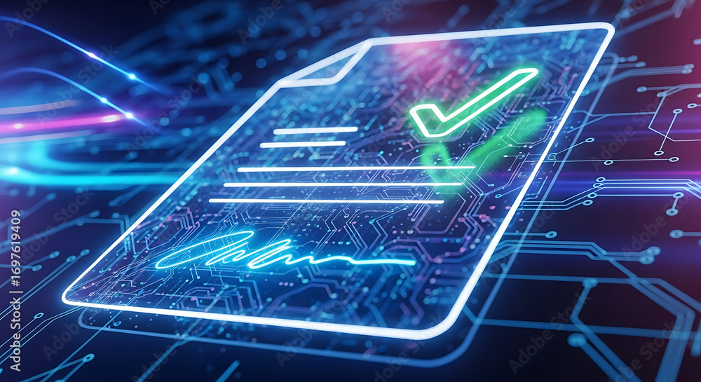 Fototapete glowing digital contract with signature and check mark representing secure authentication and encryp